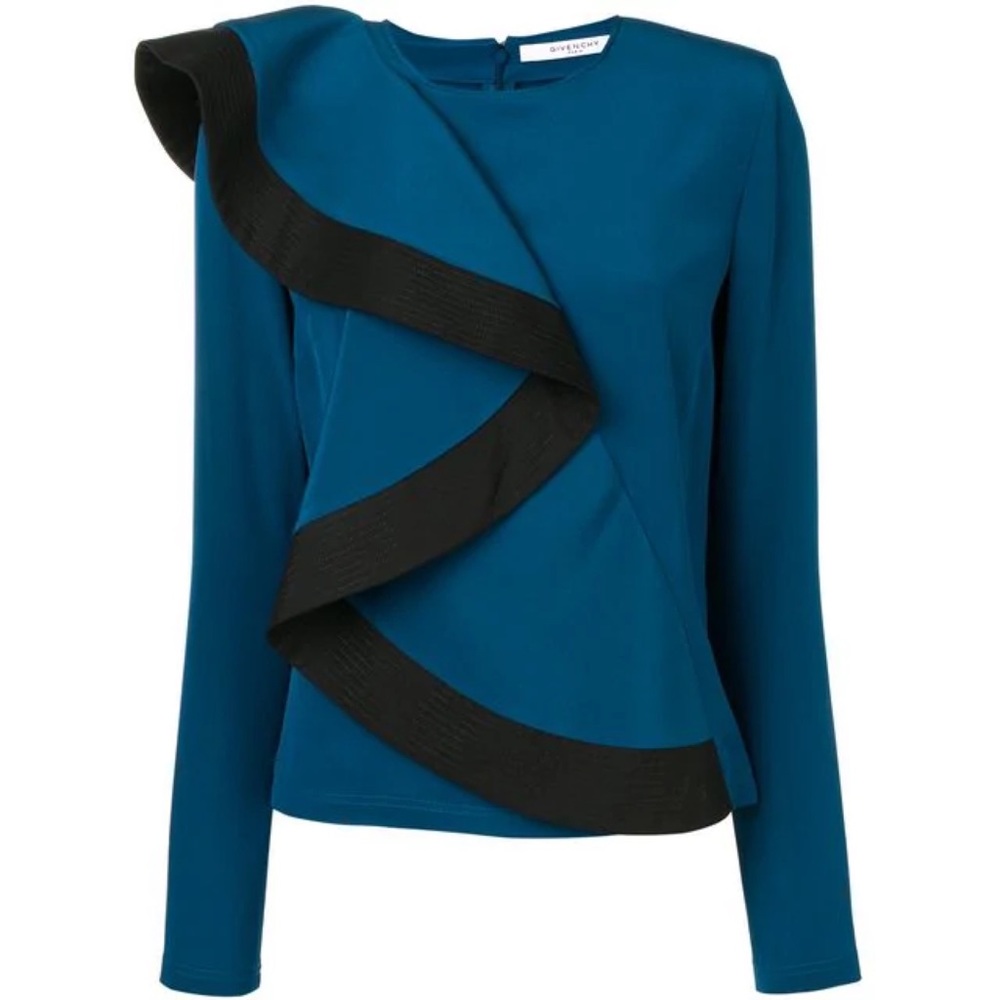 Auth Givenchy Asymmetric Ruffle-front silk top Blue sz 42